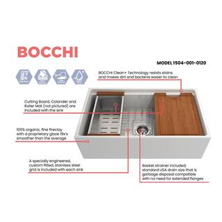 BOCCHI Step-Rim White Fireclay 33 in. Single Bowl Farmhouse Apron Front Workstation Kitchen Sink with Accessories 1504-001-0120