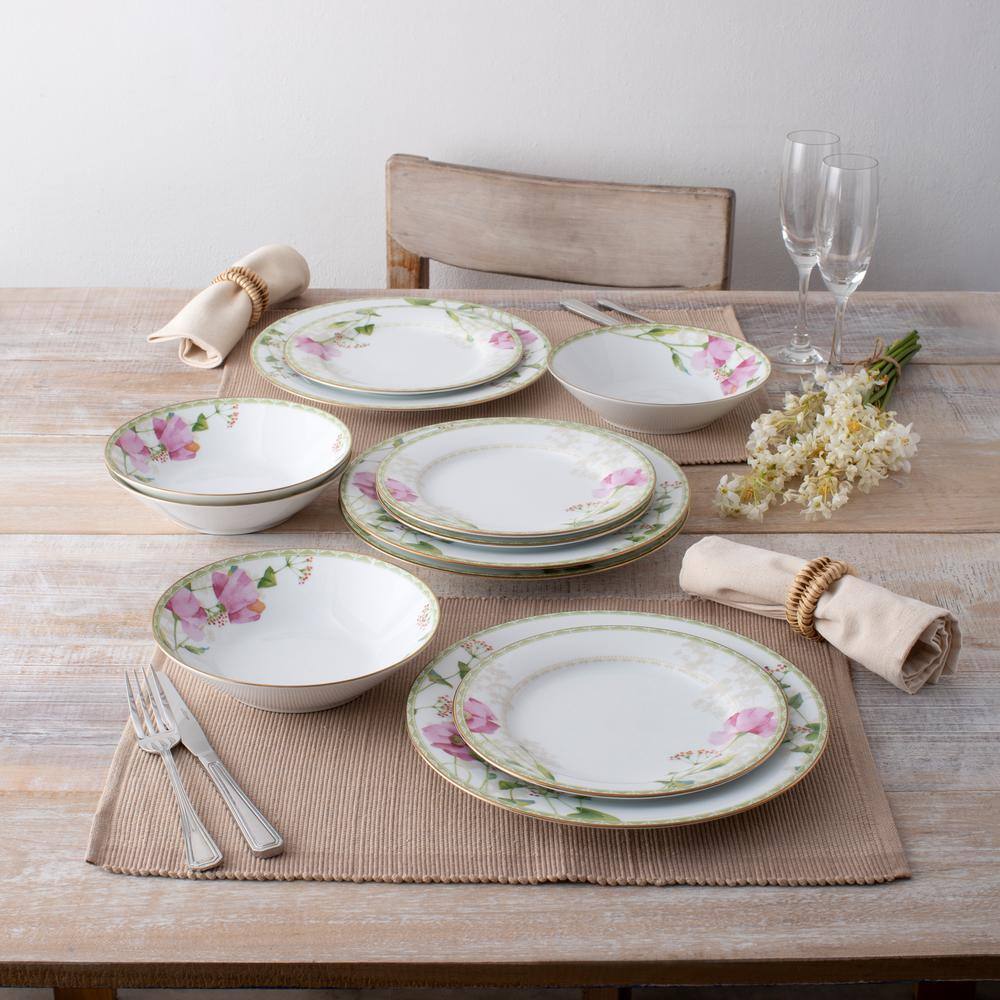 Noritake Poppy Place 12-Piece White and Pink Porcelain Dinnerware Set (Service for 4) 1737-12H