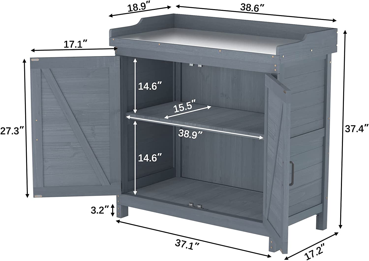 Garden Patio Wooden Storage Cabinet Furniture Waterproof Tool Shed with Potting Benches Outdoor Work Station Table (Gray)