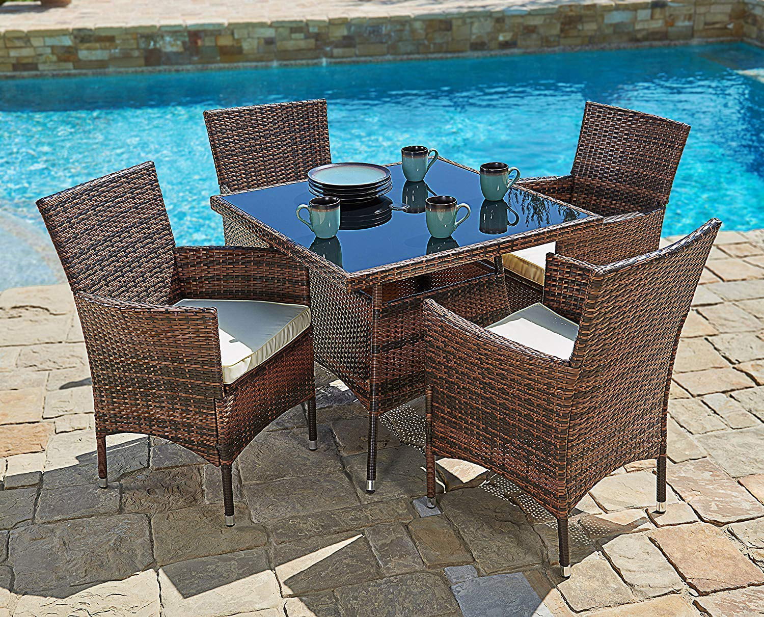 SUNCROWN Outdoor Furniture All-Weather Square Wicker Dining Table and Chairs for 4 (5-Piece Set) Washable Cushions, Patio, Backyard, Porch, Garden, Poolside, Tempered Glass Tabletop, Modern Design