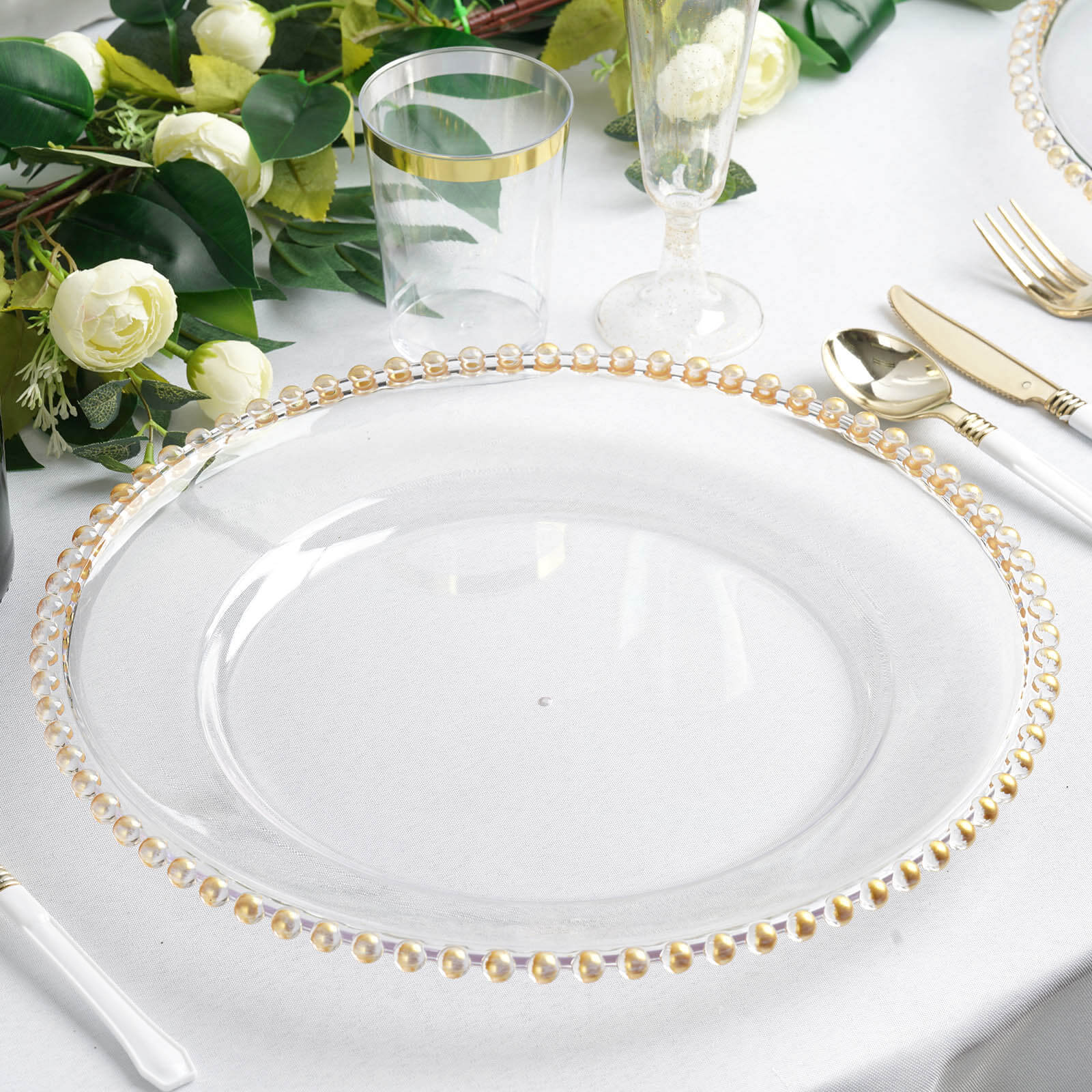 6 Pack Clear Gold Acrylic Plastic Charger Plates With Gold Beaded Rim - 13