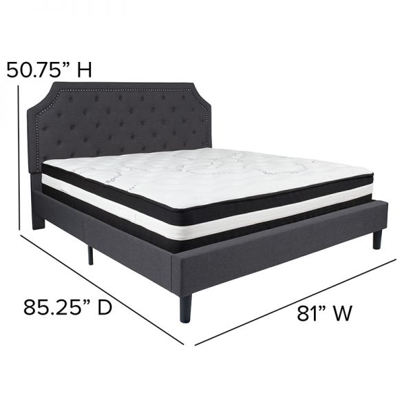 Brighton King Size Tufted Upholstered Platform Bed in Dark Gray Fabric with Pocket Spring Mattress