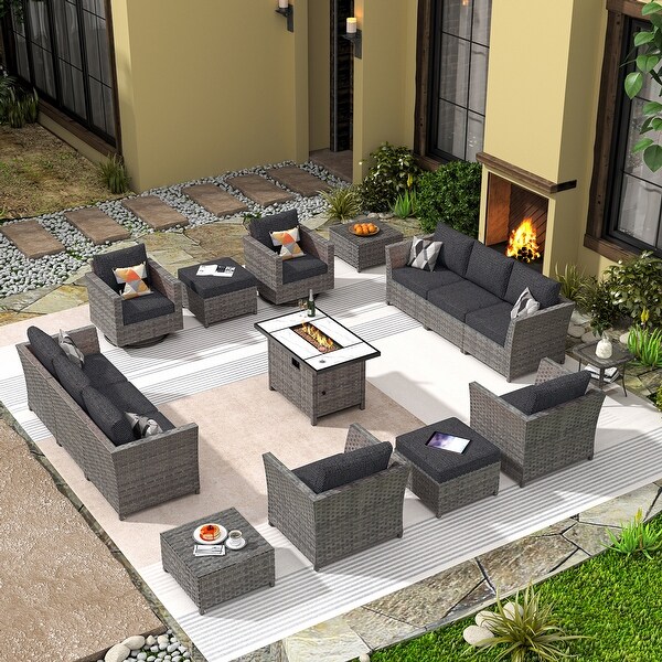 HOOOWOOO 16piece Outdoor Patio Grey Wicker Rattan Furniture Sectional Set with Fire Pit Table