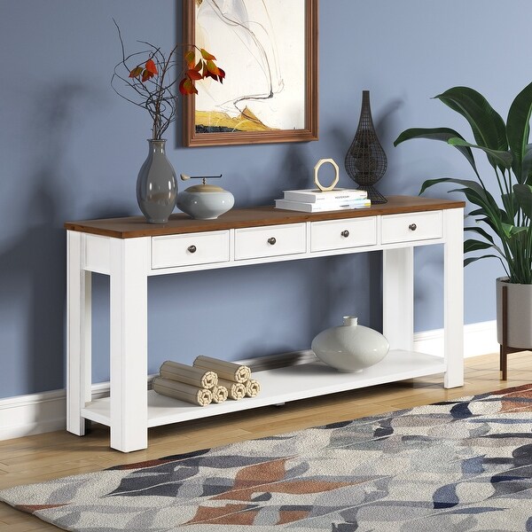 Pine Wood Console Table with 4 Drawers and 1 Bottom Shelf