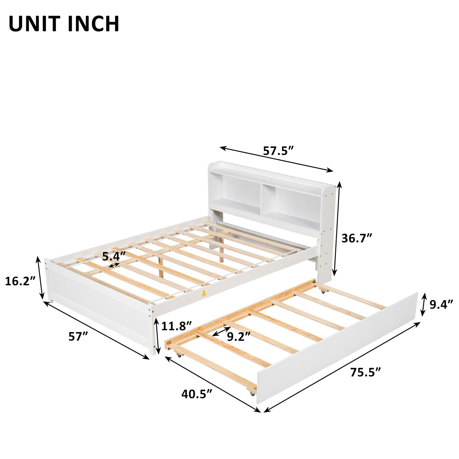 SYNGAR Full Bed Frame with Storage and Trundle for Teens Adults, White Trundle Full Bed Frame with Bookcase Headboard, Solid wood, Easy to Assemble, No Box Spring Needed