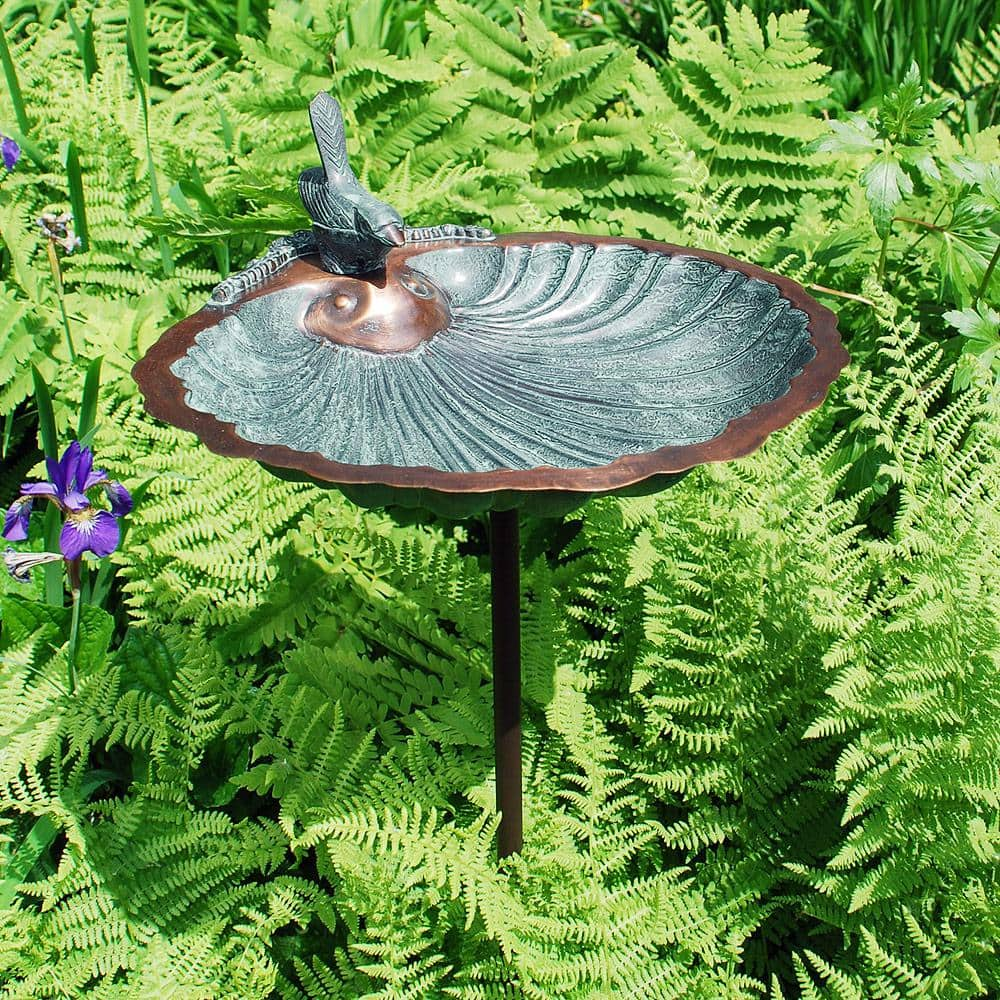 Achla Designs 11 in. Tall Antique Brass Plated Scallop Shell Birdbath and Feeder with Stake BBM-01-S