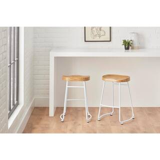 StyleWell Modern White Metal Backless Counter Stool with Wood Seat (Set of 2) RW812-24-WHT