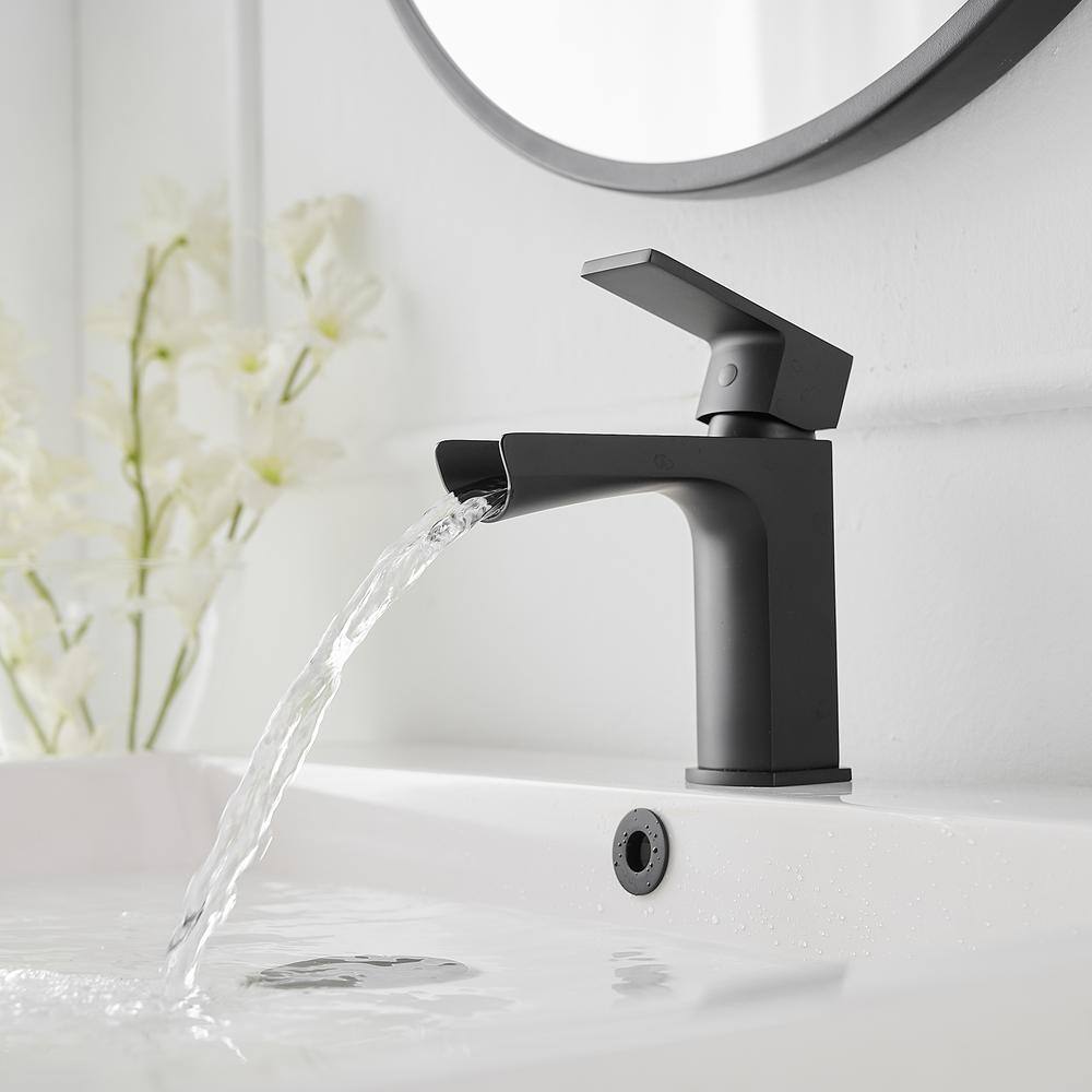 BWE Waterfall Single Handle Single Hole Low-Arc Modern Bathroom Faucet Bathroom Drip-Free Vanity Sink Faucet in Matte Black A-96063-Black