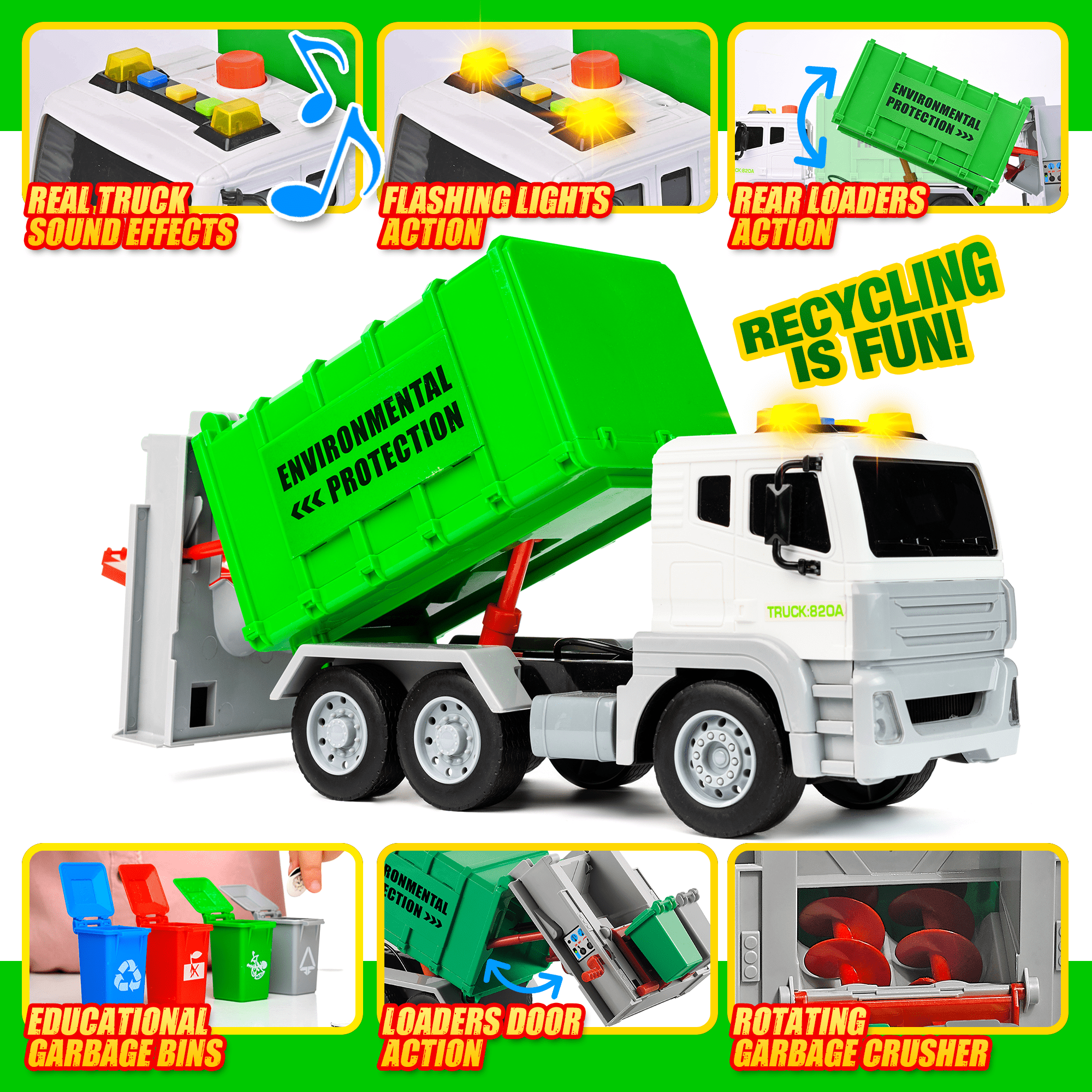 CifToys Garbage Truck Toys for Boys with Trash Cans， Friction Play Vehicle， Ages 3 - 8 Years