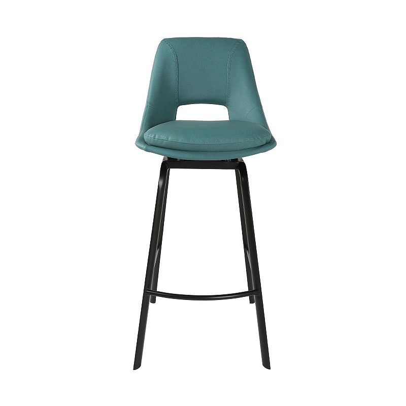 Ayn 30 Inch Modern Bar Stool， Vegan Faux Leather， Swivel， Metal， Blue