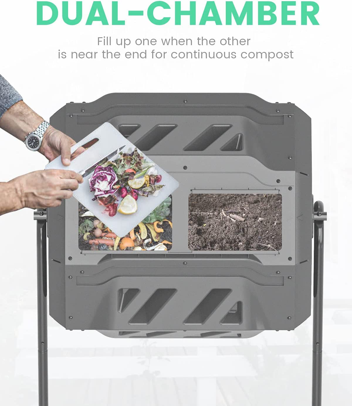 EJWOX Compost Bin Tumbler Outdoor 43 Gal, Dual Chamber, BPA Free, Black Door