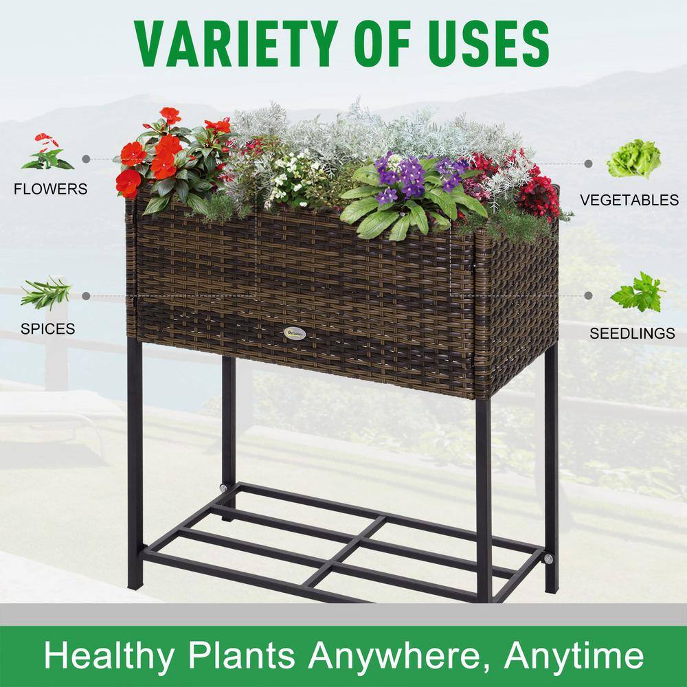 Outsunny Elevated Steel Brown Raised Garden Bed with Rattan Wicker Look Underneath Tool Storage Rack 867-039