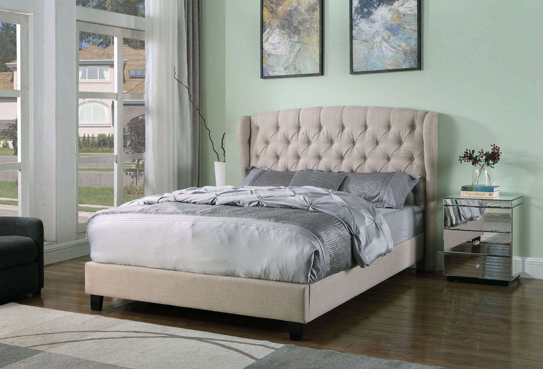 Best Master Furniture Yvette Beige Tufted Upholstered Platform Bed, Queen