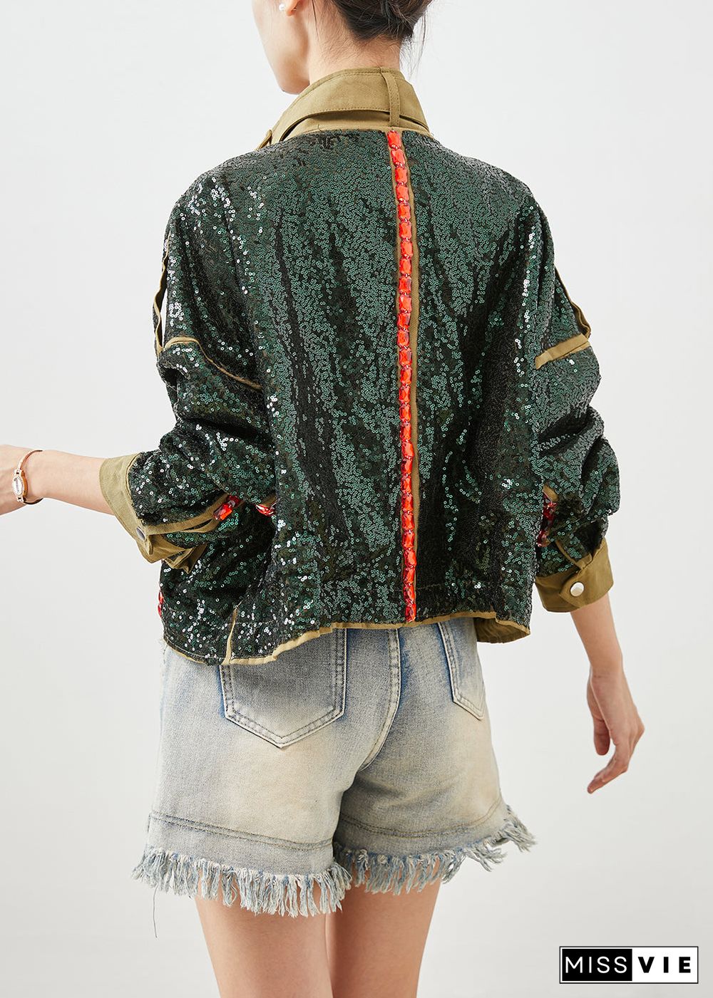 French Army Green Sequins Oversized Drawstring Jacket Fall