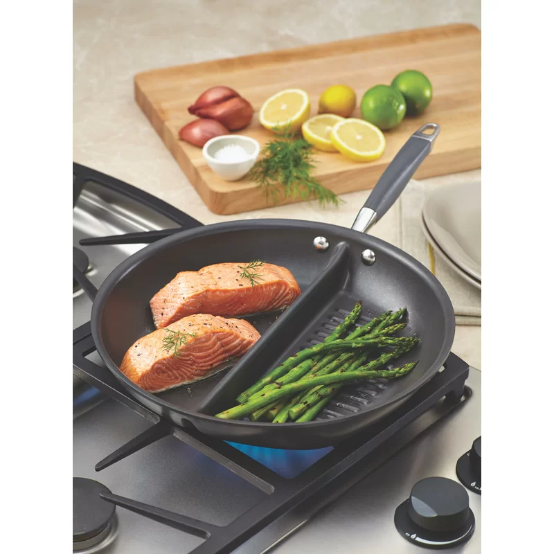 Anolon 83655 Advanced Hard Anodized Nonstick Divided Grill / Griddle Pan / Skillet - 12.5 Inch， Gray