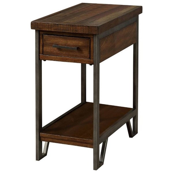 Rectangular Wood and Metal Side Table with USB Outlet， Brown and Gray