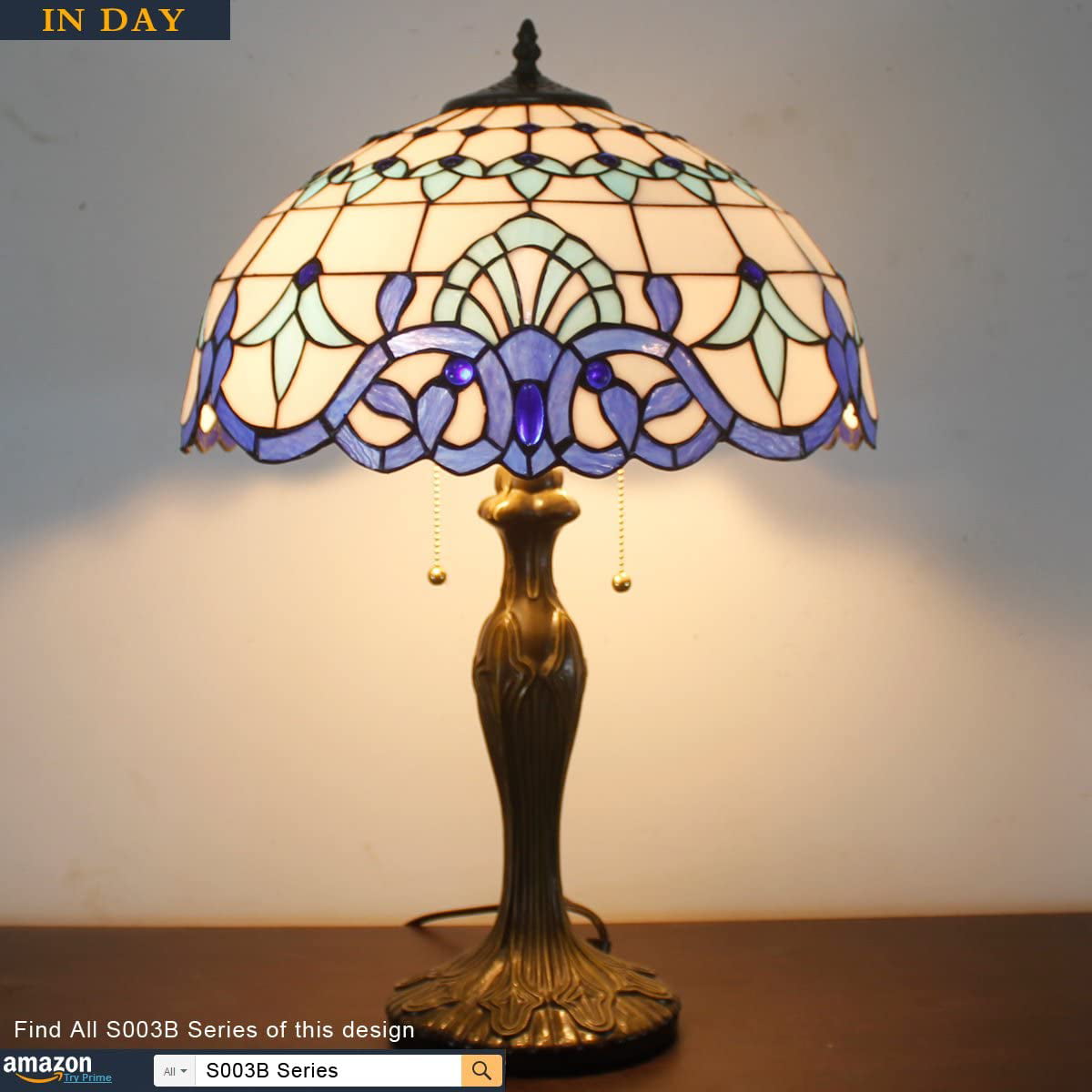 Tiffany Lamp Blue Navy White Stained Glass Baroque Bedside Table Lamp Style Desk Light Metal Base 16X16X24 Inches Decor Bedroom Living Room Home Office S003B Series