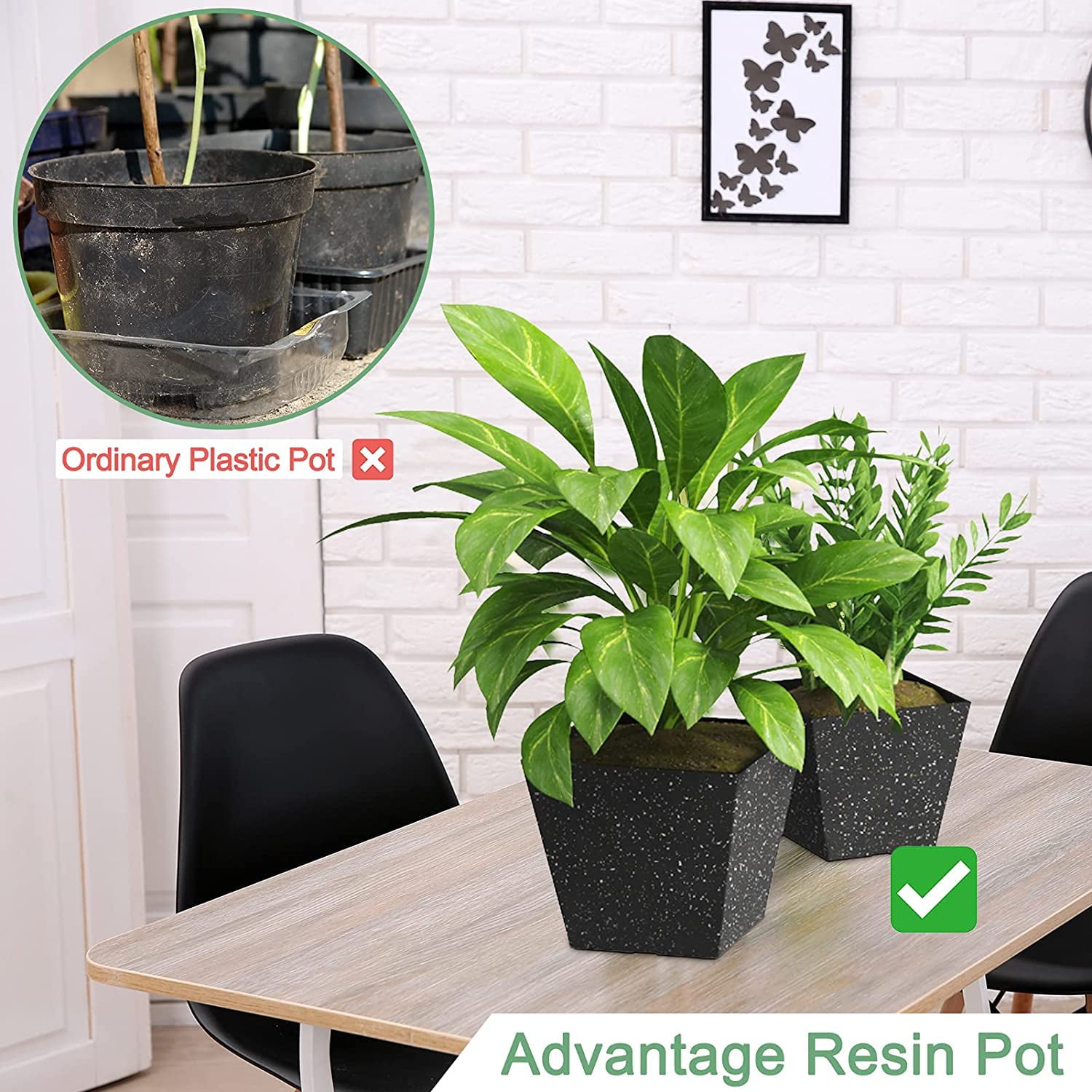 X Home 2 Pack 8" Black Square Flower Pots with Drainage Hole for Indoor Outdoor Gardening