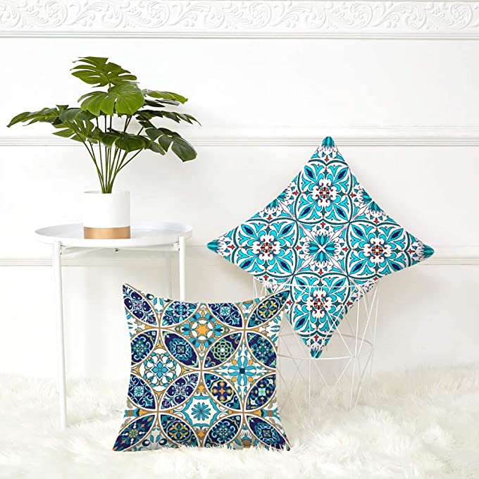 Queen's designer Mosaic Moroccan Pillowcases,4 Pillow Set Home Decoration,Blue Beautiful and Fashion Tiles Moroccan Ornaments Mosaic Throw Pillowcovers 18 x 18 inch Decorative Pillows Case