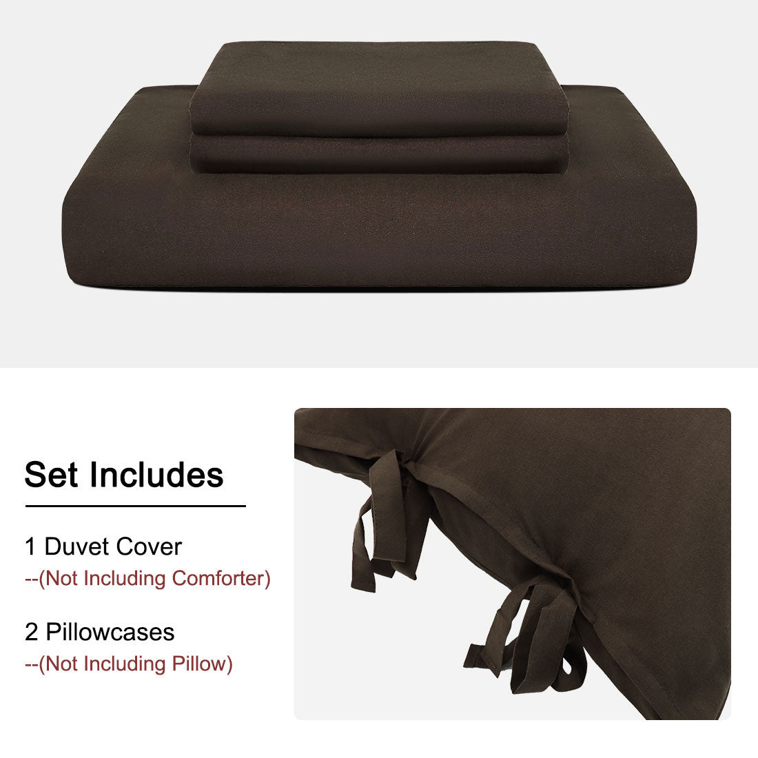 PiccoCasa 3Pcs Brushed Polyester Duvet Cover Set Bedding Set with Bowtie， Dark Brown Twin