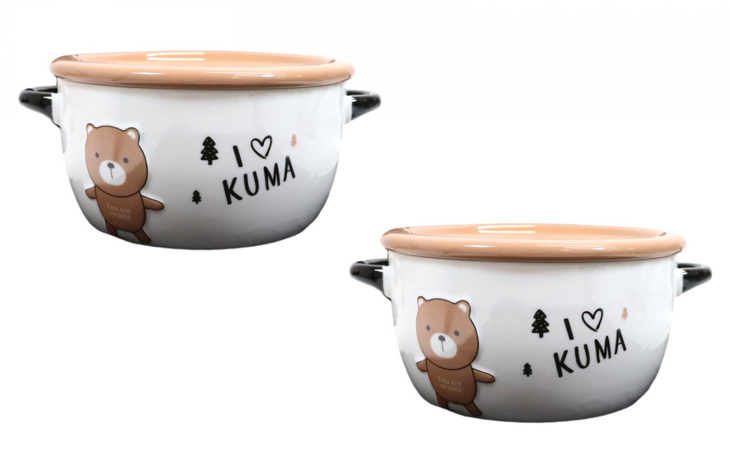 1 Pack Of 2 Brown Kuma Bear Porcelain Kids Food Bowls 25Oz W/ Condiment Lid Plate EBR02