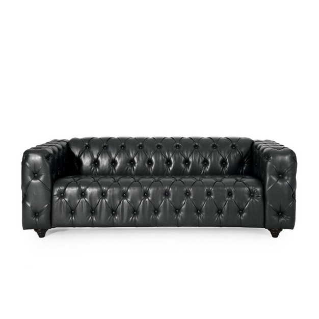 Sagewood Contemporary Faux Leather Tufted 3 Seater Sofa Midnight Black dark Brown Christopher Knight Home