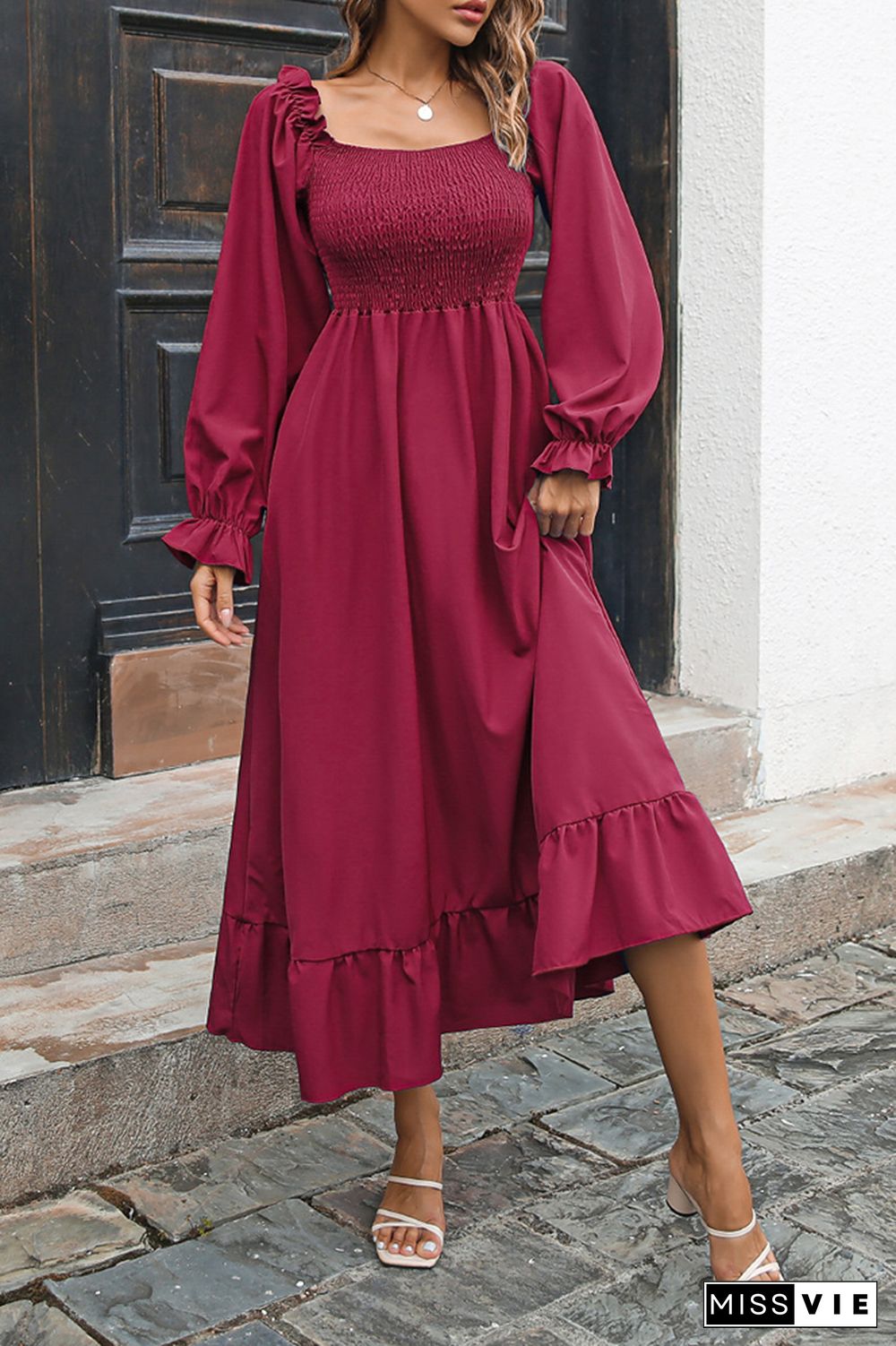 Smocked Square Neck Ruffles Maxi Dress