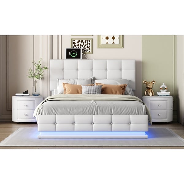 3-Pieces Bedroom Sets， Queen Size Upholstered Storage Bed with LED Lights and USB Charging Station， Two Nightstands - - 38053324