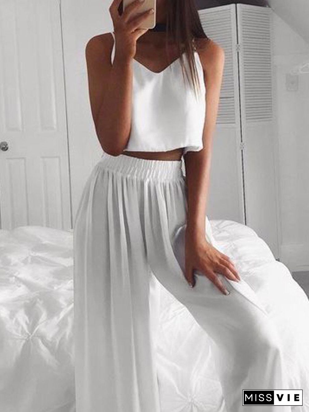 Women'S Sets Sling Crop Top & Wide Leg Pants Two-Piece Set