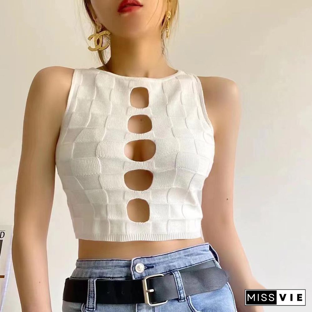 Sexy Hollow Out Crop Tops Women Summer Harajuku Cute Solid Tank Top Fashion Y2k Knitted Vest Casual Korean Streetwear Tops