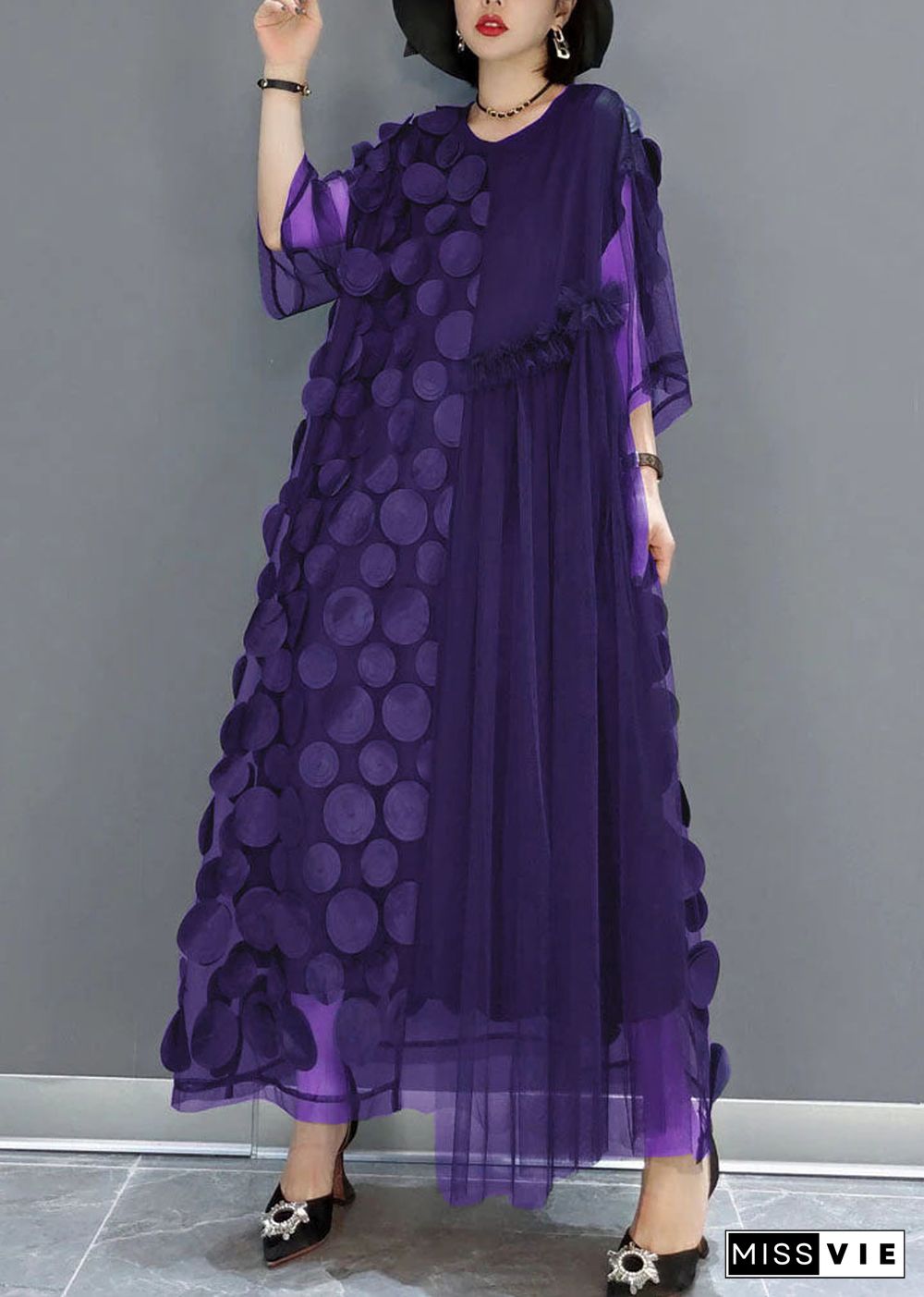 Purple Tulle Party Dresses O-Neck Asymmetrical Half Sleeve