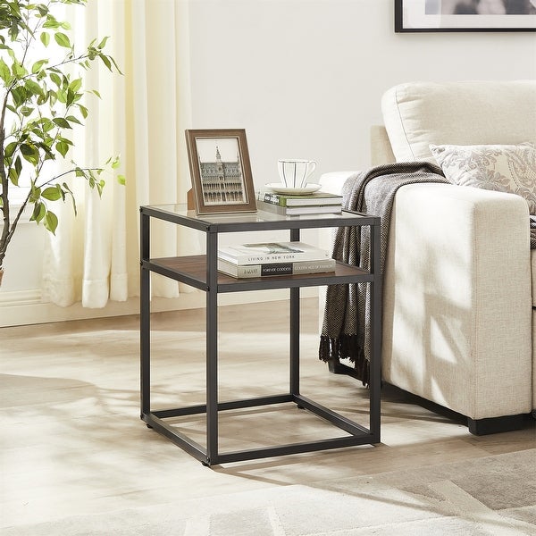 Tempered Glass Top Side Table， 2-Tier End Table