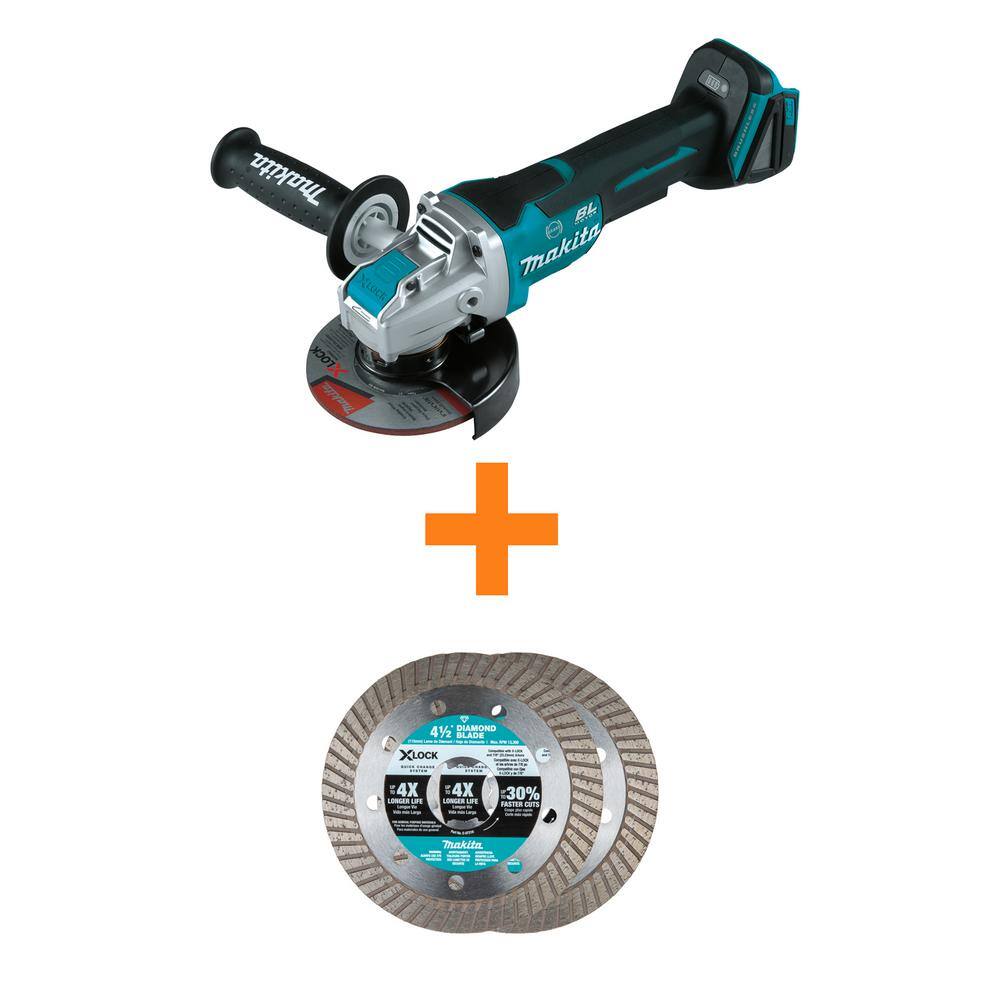 Makita 18V LXT Cordless BL 4.55 in. X-LOCK Paddle Switch Grinder Tool Only with Bonus X-LOCK 4.5 in. Masonry Blade 2-Pack XAG26Z-E-07222