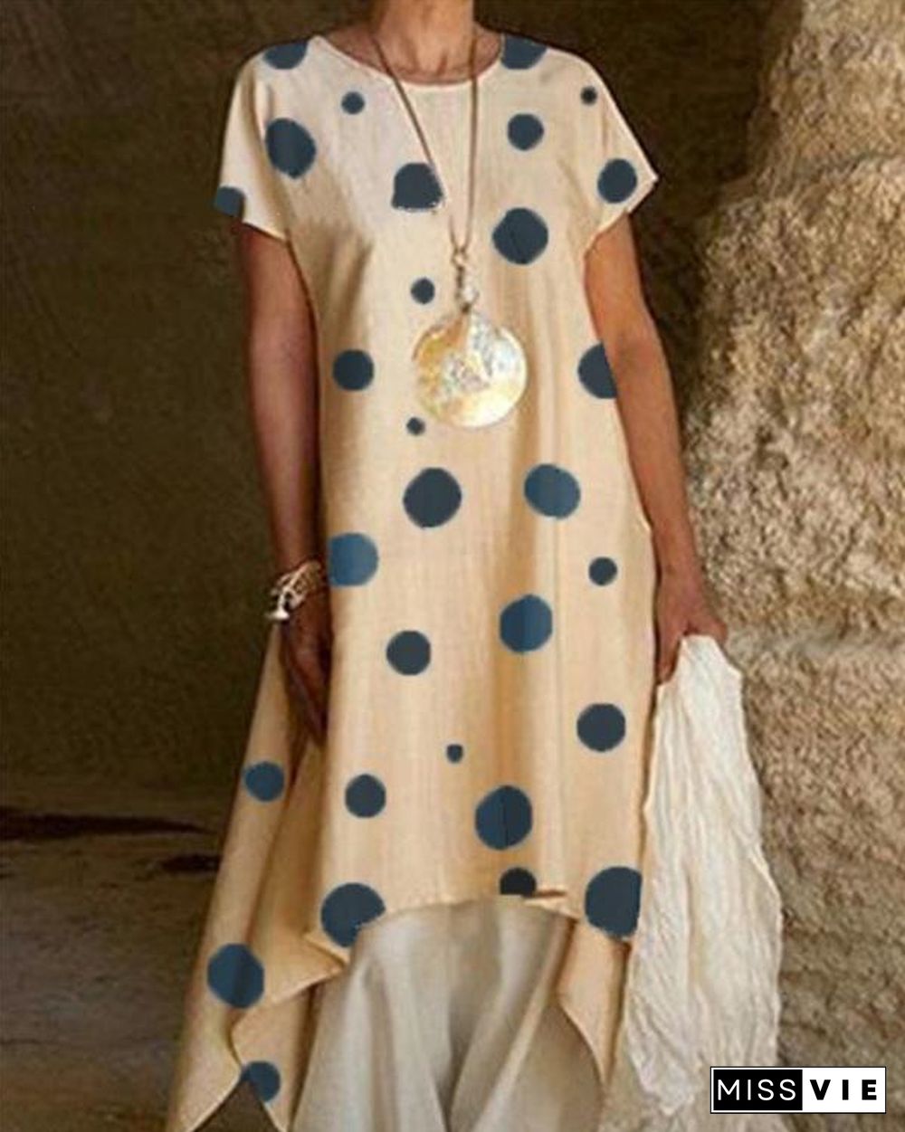 Fashion Crew Neck Polka Dot Irregular Maxi Dress