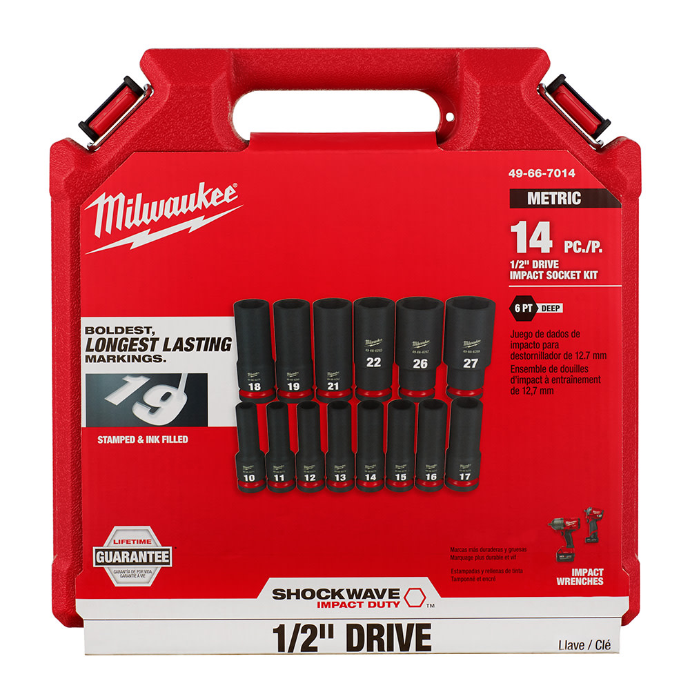 Milwaukee SHOCKWAVE Impact Duty™ 1/2 Drive Metric Deep 6 Point Socket Set， 14pc ;