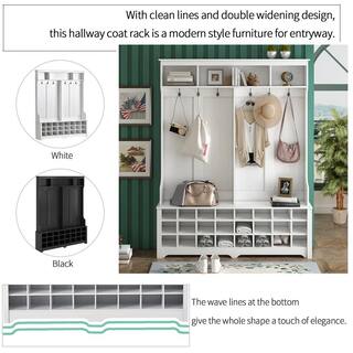 Seafuloy 77.1 in. H White Multiple Functions Hallway Coat Rack with Metal Black Hooks and 24-Shoe Cubbies C-WF286983AAK