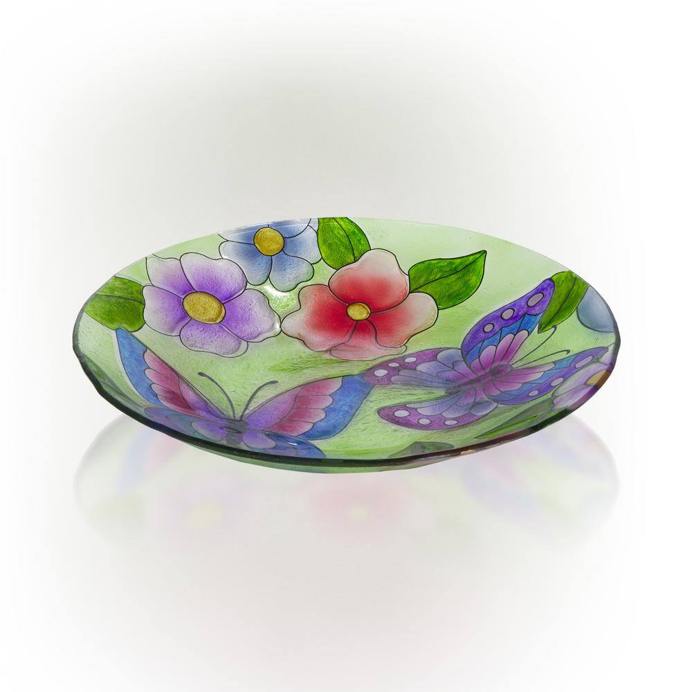 Alpine Corporation 18 in. Round Outdoor Birdbath Bowl Topper with Painted Purple Butterfly and Floral Design KPP612T-18