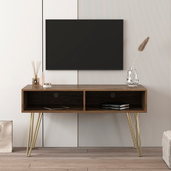 42 inch Modern Simple Small TV Stand with 2 CabinetandGolden Metal Legs