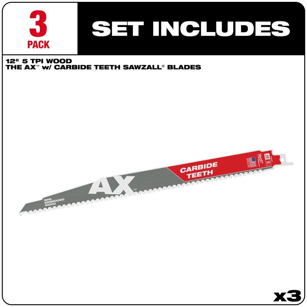 MW 12 in. 5 TPI The Ax Carbide Teeth SAWZALL Blades 3PK 48-00-5327 from MW