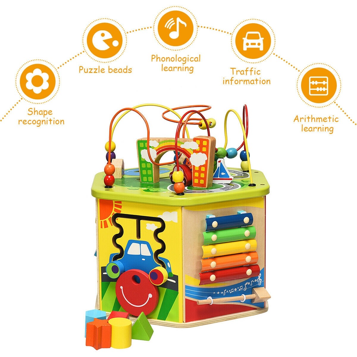 Costzon Wooden Activity Play Cube, 7 Sided Activity Center w/ Rotating Base, Bead Mazes