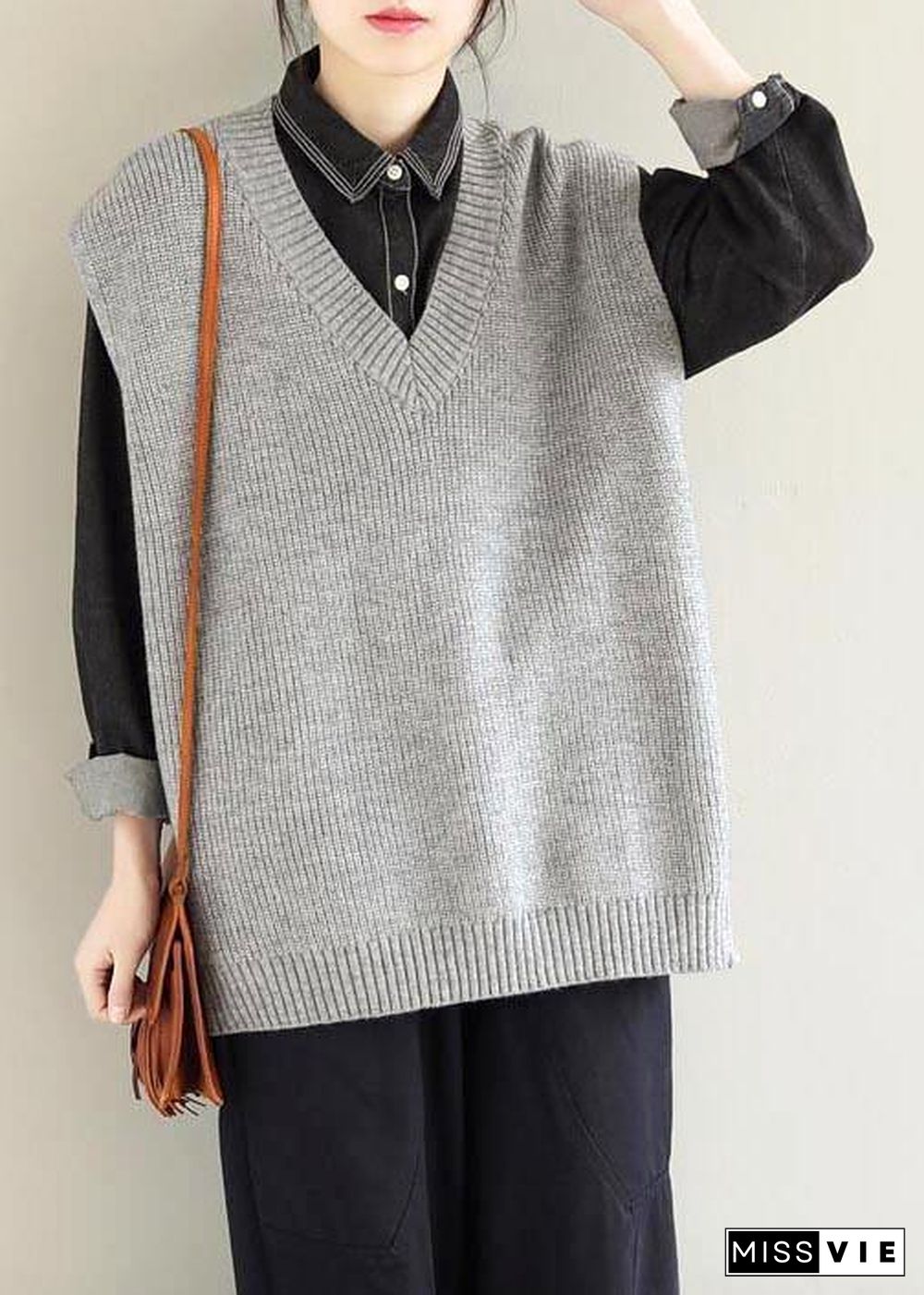 Vintage Light Gray Knitwear Plus Size Clothing V Neck Sleeveless Knit Blouse