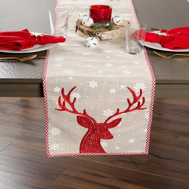 72 Red Reindeer and Snowflakes Embroidered Christmas Table Runner