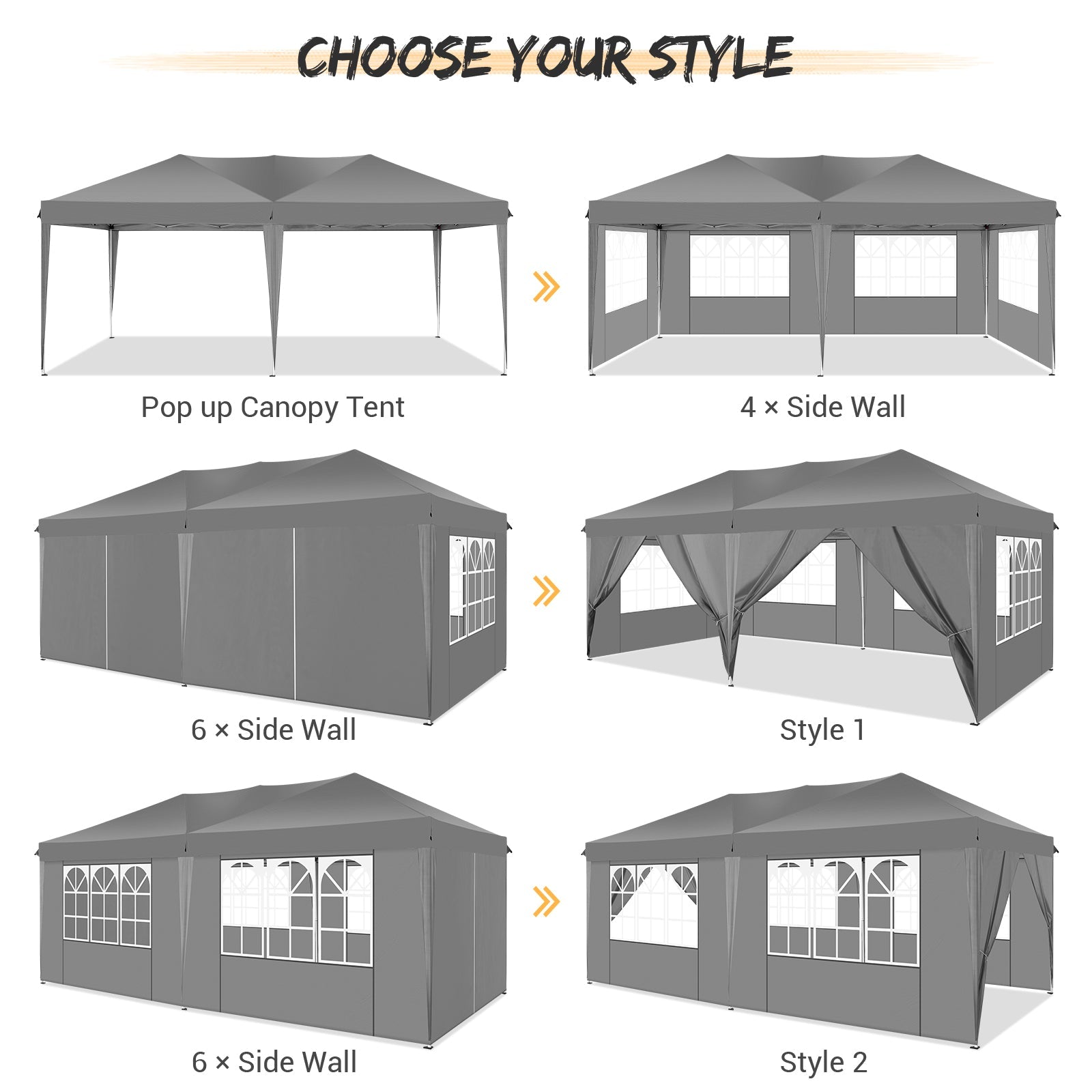 10' x 20' Outdoor Canopy Tent EZ Pop Up Backyard Canopy Portable Party Commercial Instant Canopy Shelter Tent Gazebo with 6 Removable Sidewalls & Carrying Bag for Wedding Picnics Camping, Gray