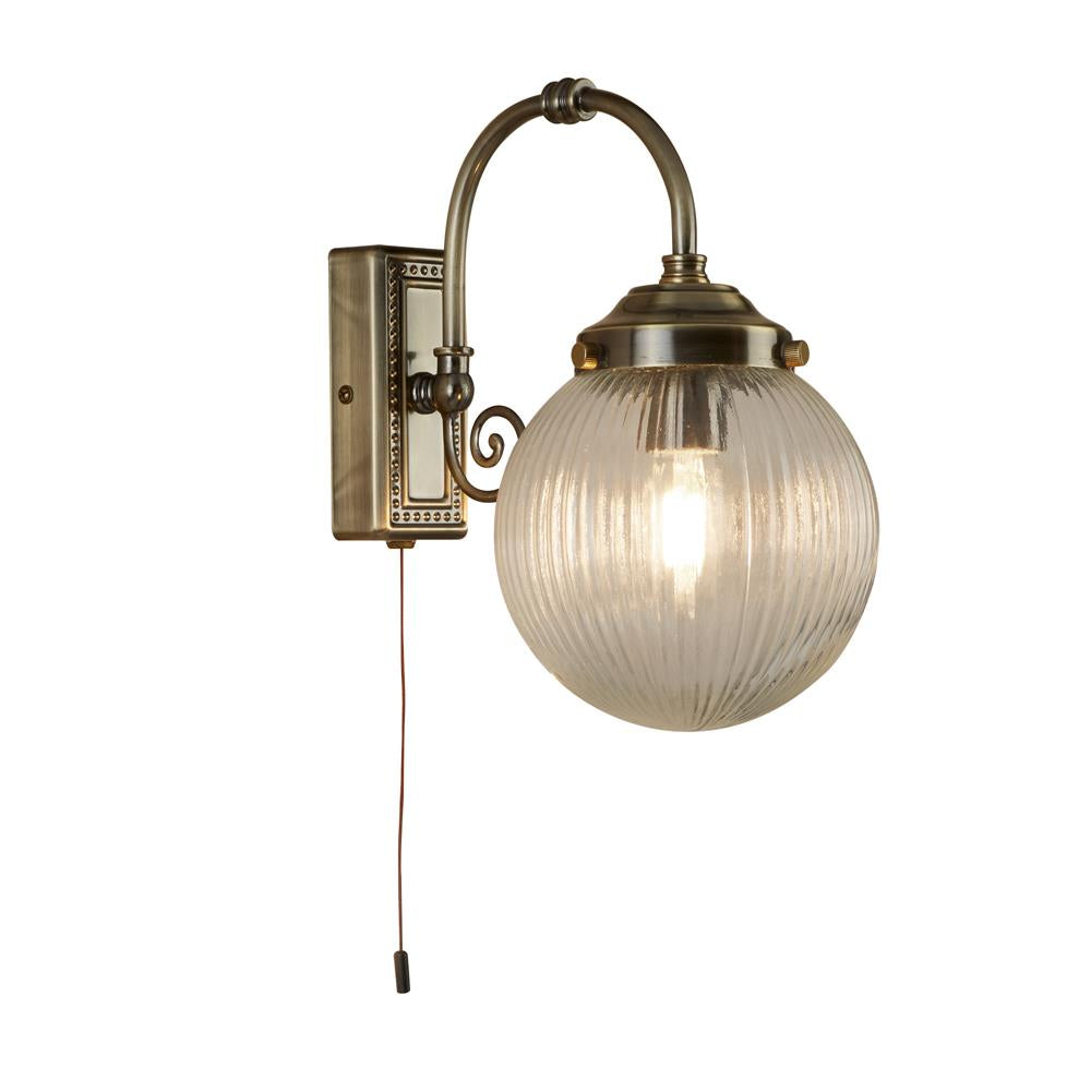 Searchlight 3259AB Belvue Antique Brass Bathroom Vintage Wall Light with Rib Globe Glass