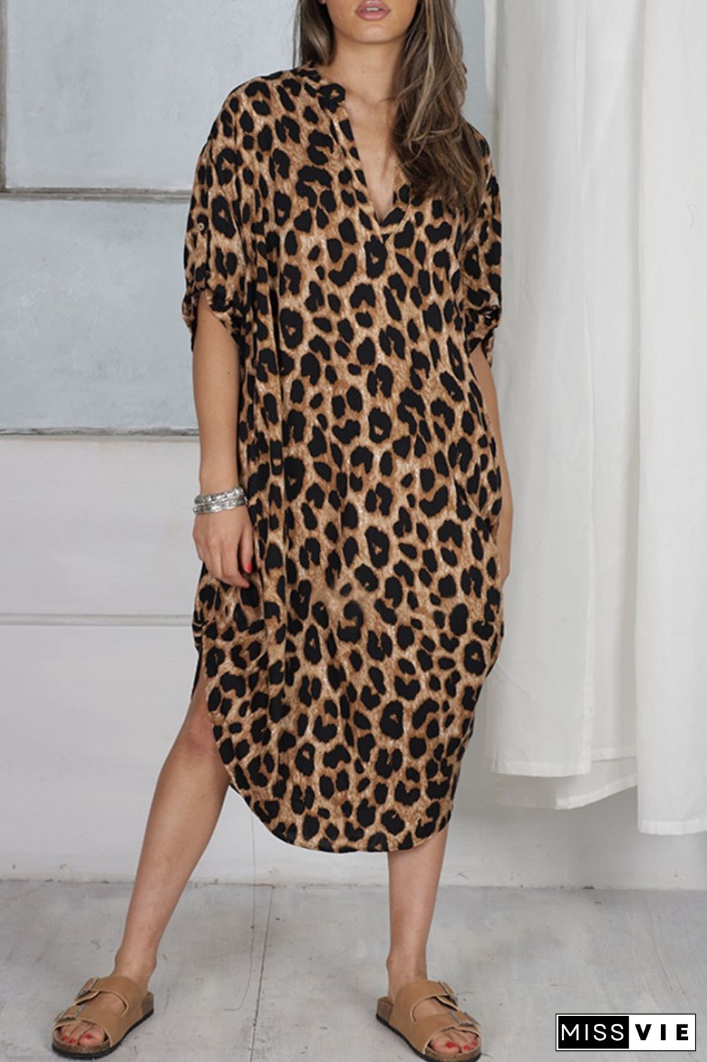 Camel Casual Print Leopard Patchwork V Neck Printed Dress Dresses