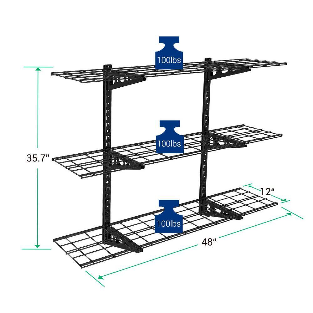 FLEXIMOUNTS 12 in. x 48 in. 3-Tier Adjustable Steel Garage Wall Shelf in Black WS14B-E