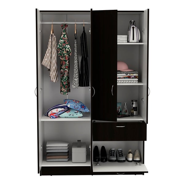 TUHOME Vaupes Armoire with 2 Double Door Cabinets， Drawer， 5 Interior Shelves， Rod， and Pull Down Cabinet - - 33863934