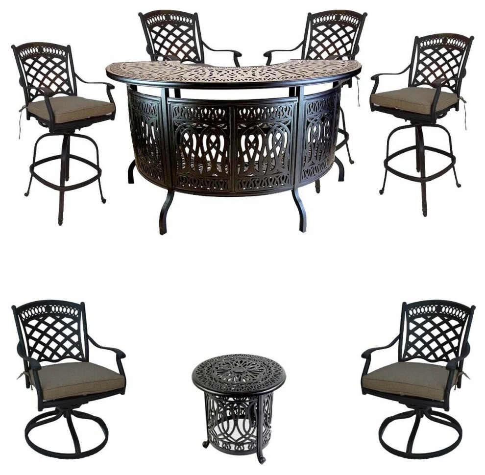 8 Piece Patio Cast Aluminum Party Bar and Swivel Set Sunbrella Seat Cushions   Transitional   Outdoor Dining Sets   by sunvuepatio  Houzz