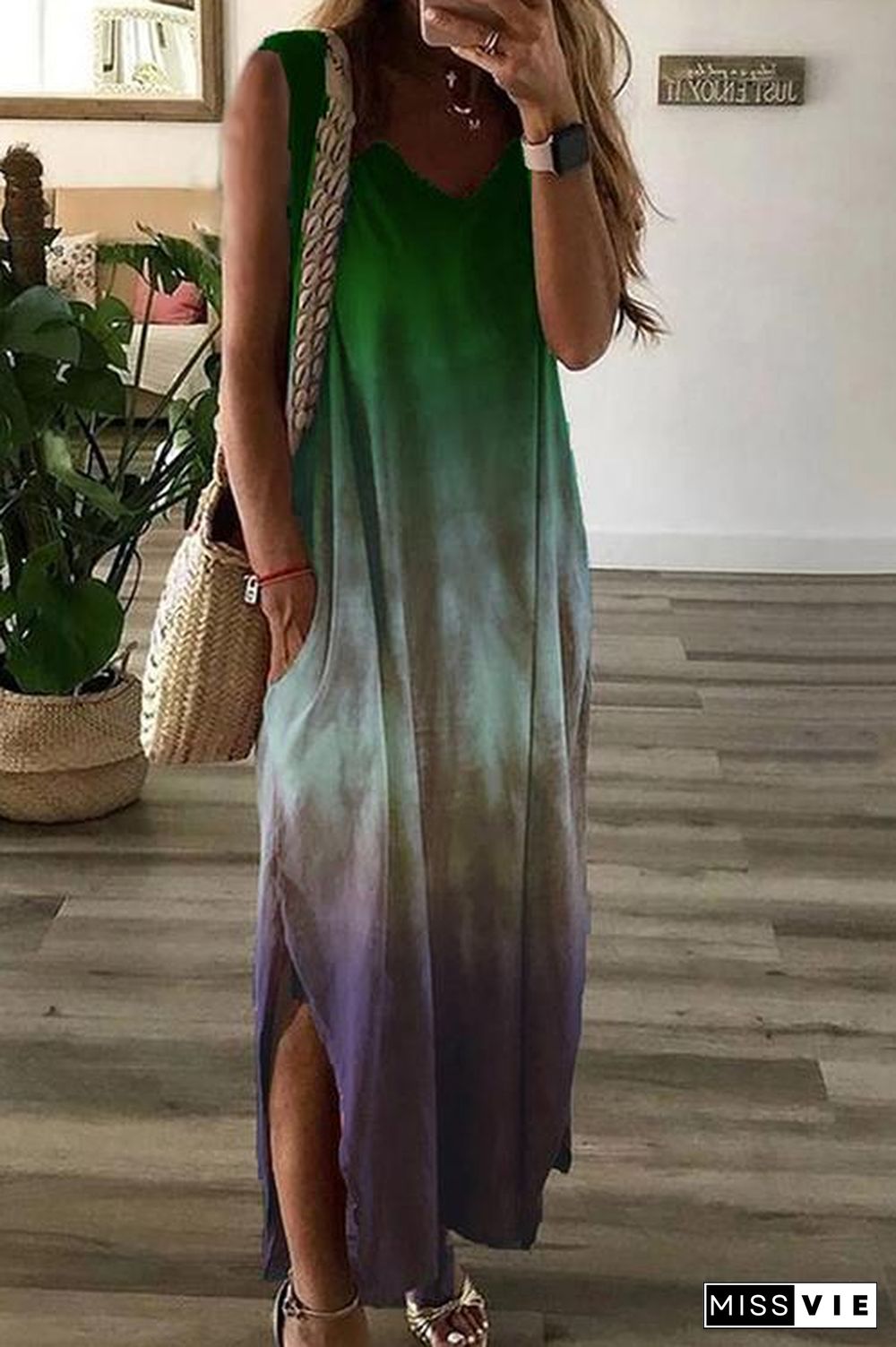 Gradient V Neck Pockets Slit Maxi Dress