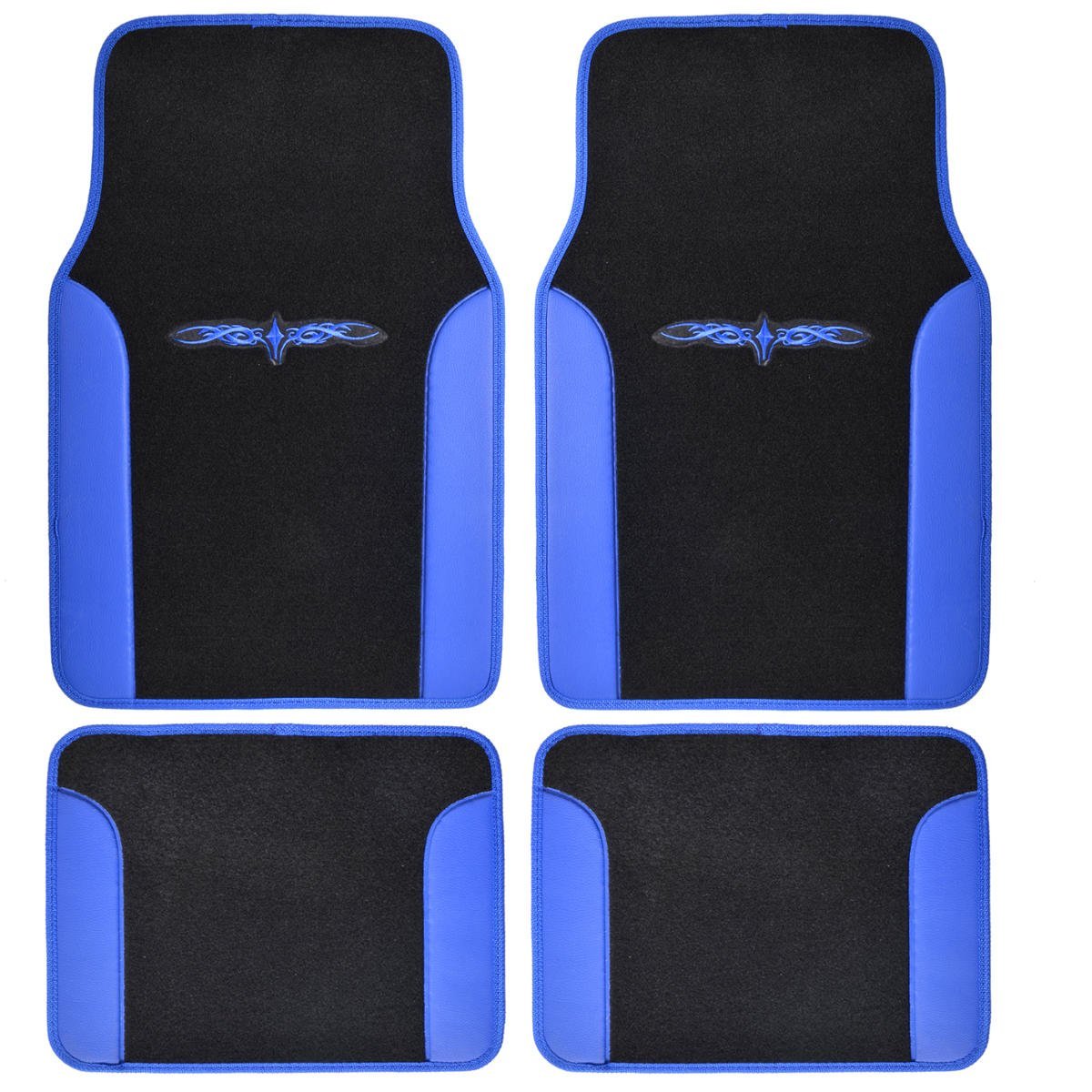 12 Pieces Flat Cloth Sleek Design Black and Blue Front and Rear Car Seat Covers Set with 4 Vinyl Trim Black and Blue Color Carpet Floor Mats Complete Set - Shipping Included